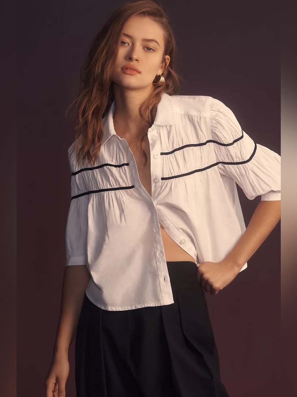 Maeve White Button-Down Shirt with Black Trim